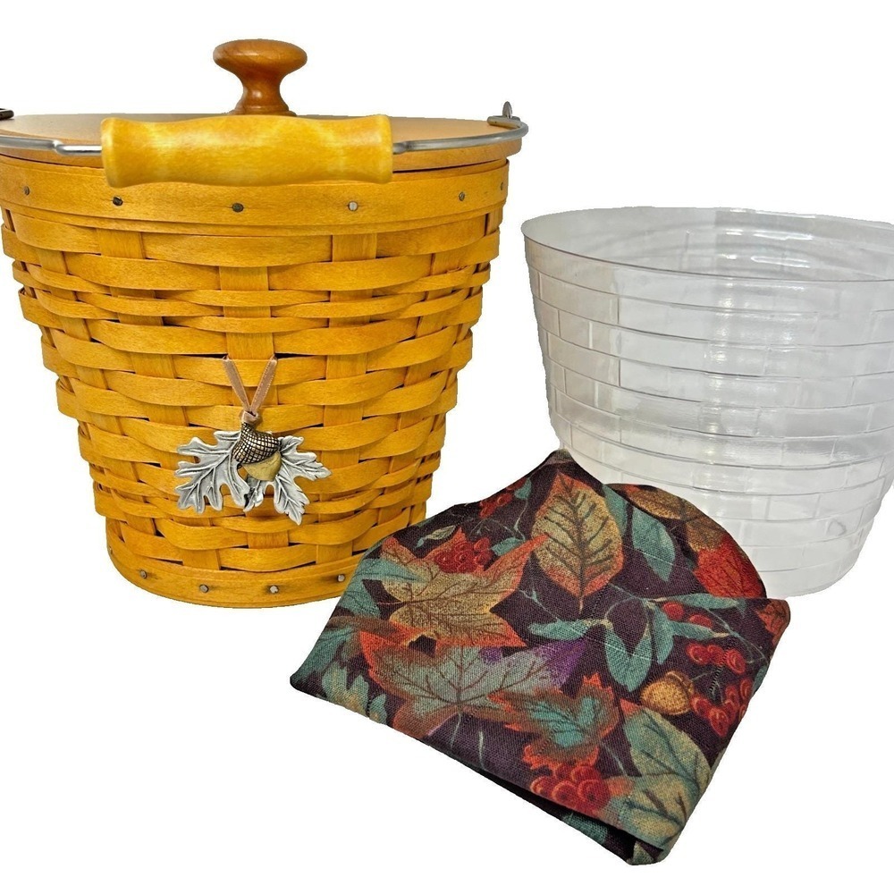 Longaberger AUTUMN PAIL Basket Protector Lid Tie-On & Falling Leaves Liner 2002